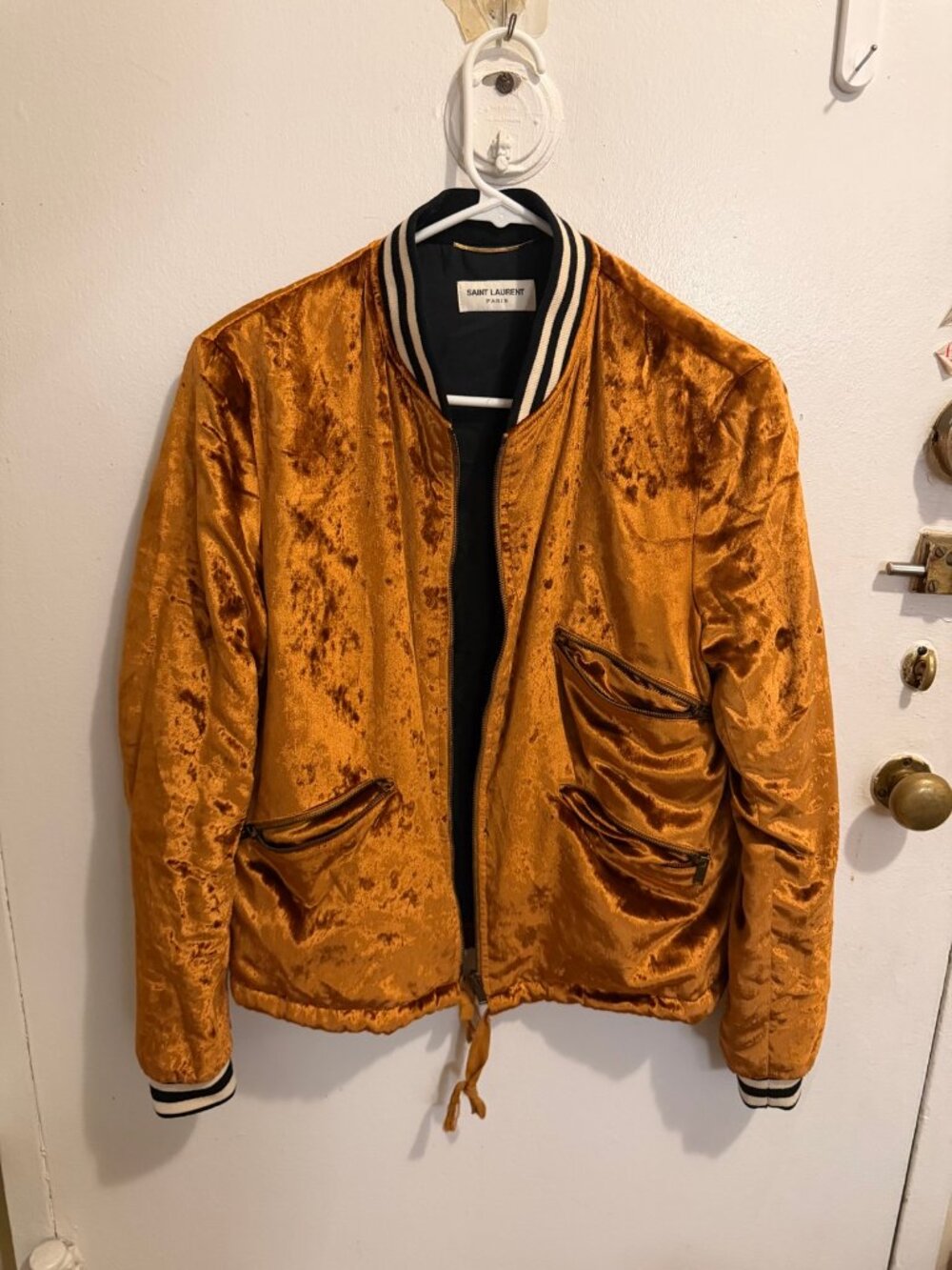 Saint Laurent Paris Gold Velvet Bomber Jacket